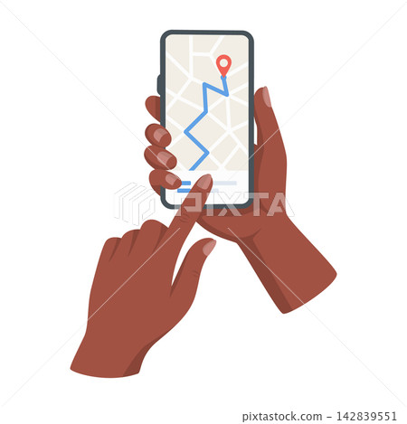 Map Navigation App on Smartphone, Vector Illustration. Cartoon GPS Navigation on Phone. Hand Holding Mobile Map with Route, Location Pin. Delivery Tracking, Route Finder, Direction 142839551