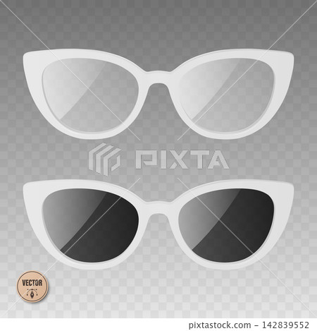 Cat Eye Glasses Vector Illustration. 3d White Cat Eye Glasses and Cat Eye Sunglasses Set. Retro Women Eyewear Illustration with Clear Lenses and Dark Shades. Fashion Accessory Isolated 142839552