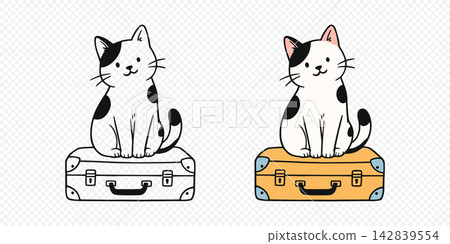 Cat on Suitcase Vector Illustration. Cute Cat Sitting on Suitcase. Travel Pet Clipart in Line Art and Colored Styles for Vacation, Luggage, Journey, Tourism, Sticker, Nursery, Print Design 142839554