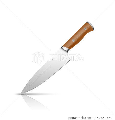 Chef Knife, 3d Vector Illustration. Kitchen Knife, Cooking Knife Isolated. Sharp Stainless Steel Blade with Wood Handle for Cutting, Chopping, Slicing, Food Preparation and Culinary Design Chef Knife, 3d Vector Illustration. Kitchen Knife, Cooking Knife Isolated. Sharp Stainless Steel Blade with Wood Handle for Cutting, Chopping, Slicing, Food Preparation and Culinary Design 142839560