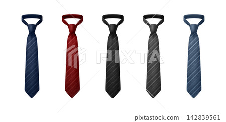 Tie Set, 3d Vector Illustration. Striped Tie Set. Necktie Collection in Blue Red Black Gray and Light Blue. Mens Tie, Business Tie Illustration for Office, Dress Code, Menswear, Fathers Day Design Tie Set, 3d Vector Illustration. Striped Tie Set. Necktie Collection in Blue Red Black Gray and Light Blue. Mens Tie, Business Tie Illustration for Office, Dress Code, Menswear, Fathers Day Design 142839561