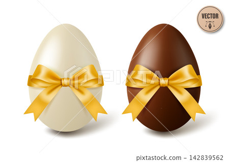Vector 3d White and Black Chocolate Easter Eggs with Yellow Satin Bows, Isolated. Sweet Holiday Gift Illustration. Festive Spring Dessert Decoration. Candy Surprise Concept Vector 3d White and Black Chocolate Easter Eggs with Yellow Satin Bows, Isolated. Sweet Holiday Gift Illustration. Festive Spring Dessert Decoration. Candy Surprise Concept 142839562