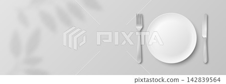 Table Setting Vector Illustration. Minimal Place Setting Illustration with Plate, Fork and Knife on Gray Background. Horizontal Restaurant Table Layout, Dining Etiquette Design Table Setting Vector Illustration. Minimal Place Setting Illustration with Plate, Fork and Knife on Gray Background. Horizontal Restaurant Table Layout, Dining Etiquette Design 142839564