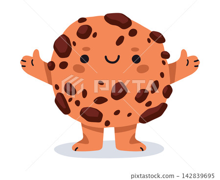 Cute cookie character. Round chocolate chip cookie with smiling face, arms and legs flat vector illustration. Cheerful bakery mascot isolated on white background Cute cookie character. Round chocolate chip cookie with smiling face, arms and legs flat vector illustration. Cheerful bakery mascot isolated on white background 142839695