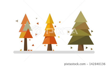 Geometric Autumn Pine Trees Vector Illustration in Flat Minimalist Style with Falling Leaves Geometric Autumn Pine Trees Vector Illustration in Flat Minimalist Style with Falling Leaves 142840136
