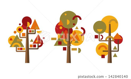 Highly Decorative Mosaic Patterned Geometric Autumn Trees Graphic Element Set Highly Decorative Mosaic Patterned Geometric Autumn Trees Graphic Element Set 142840140