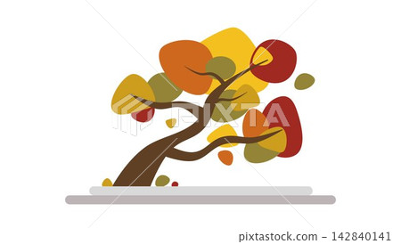 Elegant Windblown Bonsai Style Autumn Tree Illustration in Minimalist Flat Vector Design	 142840141