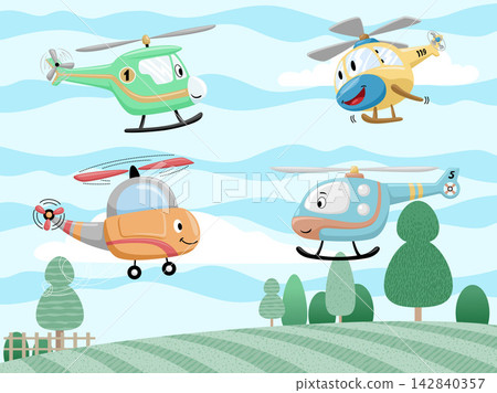 Cute Cartoon Helicopter Characters with Smiling Faces Flying Over a Green Rural Landscape with Trees and Clouds, Colorful Clipart Set for Children Education and Playful Background Illustration 142840357