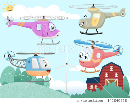 Cute cartoon helicopters with friendly faces flying in the sky over a rural farm landscape with a red barn, green hills, wind turbine, and a smiling sun, colorful vector illustration for kids. Cute cartoon helicopters with friendly faces flying in the sky over a rural farm landscape with a red barn, green hills, wind turbine, and a smiling sun, colorful vector illustration for kids. 142840358
