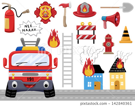 Cute Fire Truck and Firefighter Equipment Set for Kids, Featuring Rescue Tools, Fire Hydrant, Burning Houses, Helmet, and Extinguisher Icons on a White Background for Educational Use Cute Fire Truck and Firefighter Equipment Set for Kids, Featuring Rescue Tools, Fire Hydrant, Burning Houses, Helmet, and Extinguisher Icons on a White Background for Educational Use 142840361