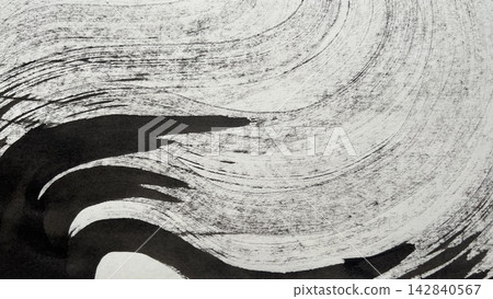 Background material with the texture of Japanese paper, a large flow of water drawn in ink, an illustration of meandering lines, monochrome wavy lines. 142840567