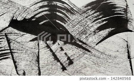 A background material that evokes the texture of Japanese paper, a large stream of water drawn in ink, an illustration of a round mountain range, and monochrome wavy lines. A background material that evokes the texture of Japanese paper, a large stream of water drawn in ink, an illustration of a round mountain range, and monochrome wavy lines. 142840568