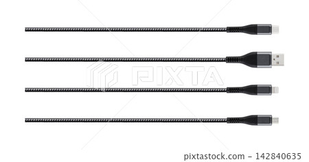 Set of black grey braided USB charging cables type c lightning micro isolated on white background Set of black grey braided USB charging cables type c lightning micro isolated on white background 142840635