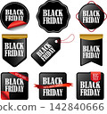 Black Friday discount sale tags and badges set with gold accents isolated on white background for retail promotion shopping banner design 142840666