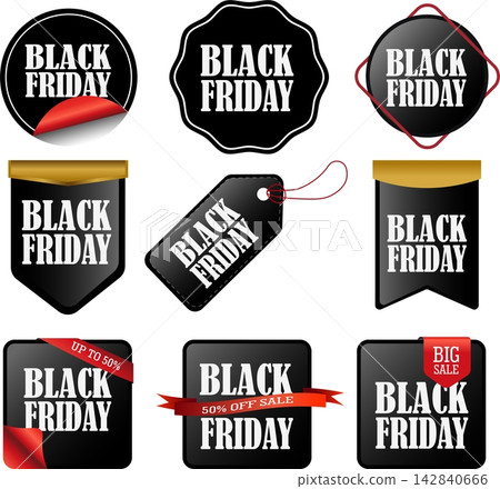 Black Friday discount sale tags and badges set with gold accents isolated on white background for retail promotion shopping banner design Black Friday discount sale tags and badges set with gold accents isolated on white background for retail promotion shopping banner design 142840666