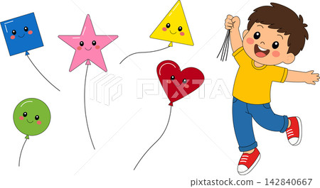 Cute cartoon boy holding geometric shape balloons set featuring star heart square circle and triangle for kids preschool learning activity 142840667