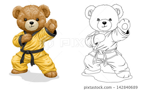 Cute Martial Arts Teddy Bear Illustration Set Featuring a Colored Version and Black and White Line Art for Coloring Book, Bear Wearing Yellow Karate Uniform and Black Belt in Fighting Pose Cute Martial Arts Teddy Bear Illustration Set Featuring a Colored Version and Black and White Line Art for Coloring Book, Bear Wearing Yellow Karate Uniform and Black Belt in Fighting Pose 142840689