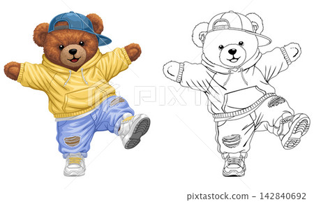 Cute Teddy Bear Character Wearing Trendy Streetwear with Yellow Hoodie and Blue Cap Jumping Happily with Black and White Line Art Coloring Page Version Included on White Background Cute Teddy Bear Character Wearing Trendy Streetwear with Yellow Hoodie and Blue Cap Jumping Happily with Black and White Line Art Coloring Page Version Included on White Background 142840692