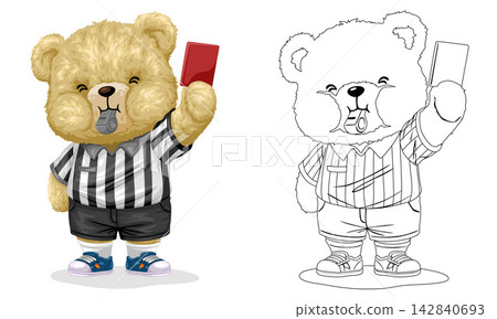Cute Teddy Bear Referee Character Holding Up a Red Penalty Card and Blowing a Whistle with Outline Line Art Version for Coloring Book, Cartoon Sports Umpire Illustration for Kid Activities. Cute Teddy Bear Referee Character Holding Up a Red Penalty Card and Blowing a Whistle with Outline Line Art Version for Coloring Book, Cartoon Sports Umpire Illustration for Kid Activities. 142840693