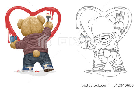 Cute Teddy Bear Character Wearing a Hoodie Painting a Large Red Heart on a Wall Illustration and Matching Line Art Version for Coloring Book Page Activities Isolated on White Background Cute Teddy Bear Character Wearing a Hoodie Painting a Large Red Heart on a Wall Illustration and Matching Line Art Version for Coloring Book Page Activities Isolated on White Background 142840696
