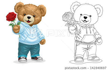 Cute Teddy Bear Character Wearing Blue Hoodie and Jeans Holding a Red Rose with Line Art Version for Coloring Book Page, Romantic Vector Illustration for Valentines Day and Children Activities Cute Teddy Bear Character Wearing Blue Hoodie and Jeans Holding a Red Rose with Line Art Version for Coloring Book Page, Romantic Vector Illustration for Valentines Day and Children Activities 142840697