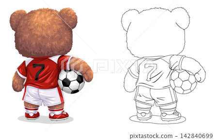 Cute Teddy Bear Football Player Character Wearing Red and White Uniform with Number 19 Holding a Soccer Ball, Back View Illustration Set with Line Art Coloring Page on White Background Cute Teddy Bear Football Player Character Wearing Red and White Uniform with Number 19 Holding a Soccer Ball, Back View Illustration Set with Line Art Coloring Page on White Background 142840699