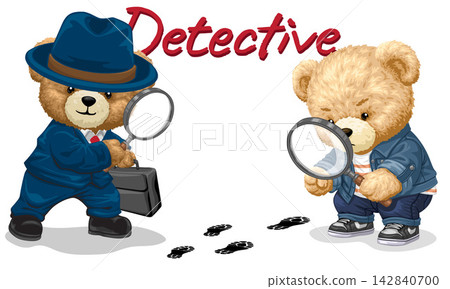 Cute Teddy Bear Detectives Holding Magnifying Glasses Following Footprints and Searching for Clues, Fun Cartoon Animal Illustration for Children Book and Mystery Concept Background Cute Teddy Bear Detectives Holding Magnifying Glasses Following Footprints and Searching for Clues, Fun Cartoon Animal Illustration for Children Book and Mystery Concept Background 142840700