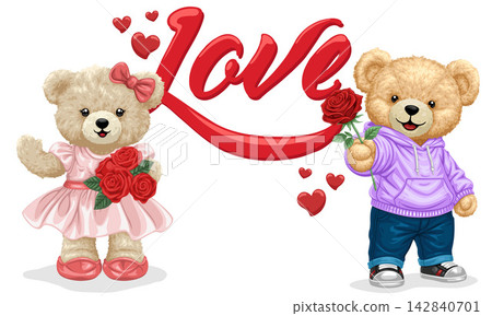 Cute Romantic Couple of Teddy Bears Holding Red Roses and Hearts with Calligraphic Love Text, Hand Drawn Illustration for Valentine's Day Greeting Cards, Anniversary and Romantic Design Projects Cute Romantic Couple of Teddy Bears Holding Red Roses and Hearts with Calligraphic Love Text, Hand Drawn Illustration for Valentine's Day Greeting Cards, Anniversary and Romantic Design Projects 142840701