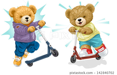 Two cute teddy bears riding kick scooters illustration, adorable brown bear characters in trendy streetwear hoodies and sneakers playing together, fun childhood concept on white background. Two cute teddy bears riding kick scooters illustration, adorable brown bear characters in trendy streetwear hoodies and sneakers playing together, fun childhood concept on white background. 142840702