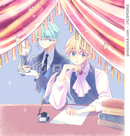 A blonde, aristocratic-looking boy resting his chin on his hand, and a butler brewing tea. (2D character image, curtain) A blonde, aristocratic-looking boy resting his chin on his hand, and a butler brewing tea. (2D character image, curtain) 142840868