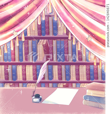 A Western-style desk, bookshelf, and curtains. A Western-style desk, bookshelf, and curtains. 142840871