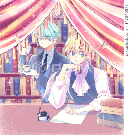 A blonde, aristocratic-looking boy resting his chin on his hand, and a butler brewing tea. (2D character image, bookshelf, curtains) A blonde, aristocratic-looking boy resting his chin on his hand, and a butler brewing tea. (2D character image, bookshelf, curtains) 142840872
