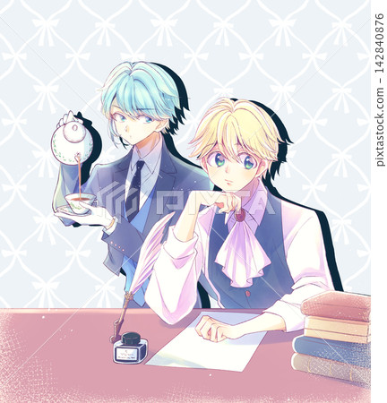 A blonde, aristocratic-looking boy resting his chin on his hand, and a butler brewing tea. (2D character image) A blonde, aristocratic-looking boy resting his chin on his hand, and a butler brewing tea. (2D character image) 142840876