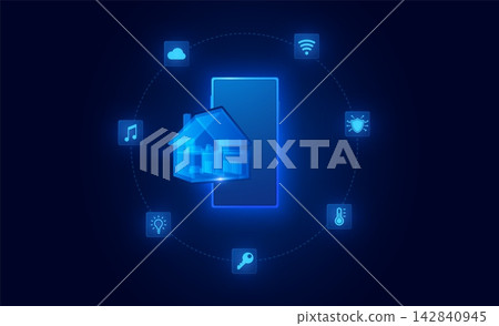Smart home app interface 3D vector template with phone house network Smart home app interface 3D vector template with phone house network 142840945