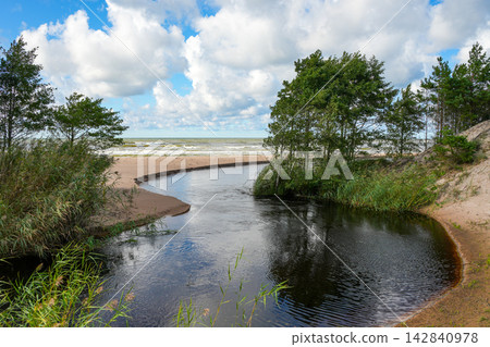 Mouth of Rudupe River Flowing into Baltic Sea on Scenic Sandy Coast of Latvia Mouth of Rudupe River Flowing into Baltic Sea on Scenic Sandy Coast of Latvia 142840978