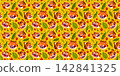 Asian seamless pattern with smiling tiger faces on yellow background. Drag to swatches panel to use 142841325