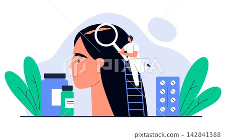 Female alopecia and hair loss concept. Tiny doctor with magnifying glass examining thinning hair and scalp of woman. Dermatology and trichology. Isolated vector illustration in cartoon style Female alopecia and hair loss concept. Tiny doctor with magnifying glass examining thinning hair and scalp of woman. Dermatology and trichology. Isolated vector illustration in cartoon style 142841388