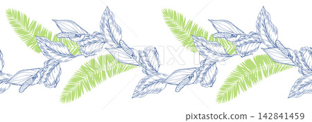 Seamless border of the palm leaves and flowers. Handmade ink illustration. For design of cards, cover, prints, product labels and fabric. Seamless border of the palm leaves and flowers. Handmade ink illustration. For design of cards, cover, prints, product labels and fabric. 142841459