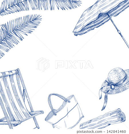 Frame of the umbrella, chair, hat, beach bag and palm leaves. Handmade ink illustration. For design of cards, cover, prints, product labels and fabric. Frame of the umbrella, chair, hat, beach bag and palm leaves. Handmade ink illustration. For design of cards, cover, prints, product labels and fabric. 142841460
