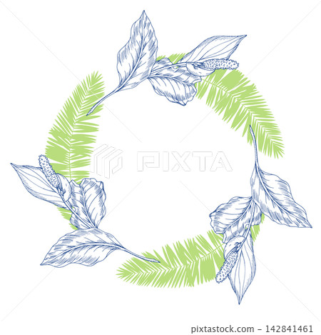 Wreath of the palm leaves and flowers. Handmade ink illustration. For design of cards, cover, prints, product labels and fabric. 142841461