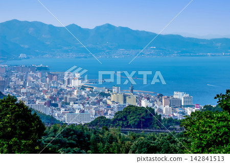 Panorama of Beppu Bay and Kunisaki Peninsula in Beppu City Panorama of Beppu Bay and Kunisaki Peninsula in Beppu City 142841513