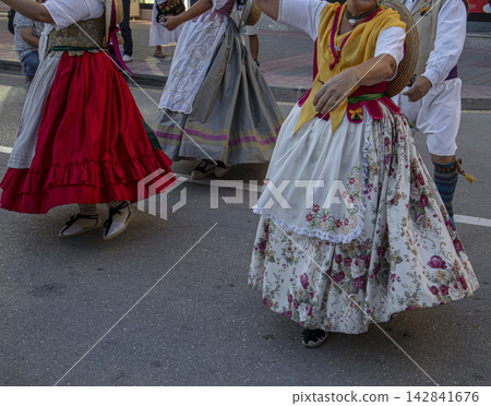 Spanish folk dancers perform during grape harvest celebration in traditional attire Spanish folk dancers perform during grape harvest celebration in traditional attire 142841676
