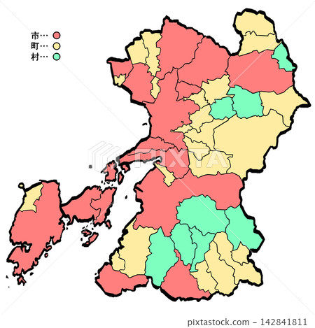 Kumamoto Prefecture Map: City/Town Color (Brushstroke Style) - Japanese Style Kumamoto Prefecture Map: City/Town Color (Brushstroke Style) - Japanese Style 142841811