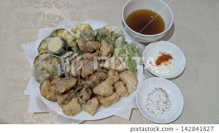 Homemade tempura platter served with dipping sauce and spices Homemade tempura platter served with dipping sauce and spices 142841827