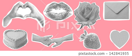 Halftone Love Elements Set with Heart, Lips, Kiss, Bow, Strawberry and Romantic Pop Art Collage on Pink Background Halftone Love Elements Set with Heart, Lips, Kiss, Bow, Strawberry and Romantic Pop Art Collage on Pink Background 142841935