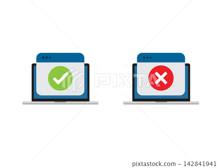 laptop screen showing success check mark and error cross mark icons 142841941