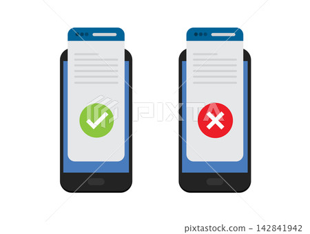smartphone screen showing check mark and cross symbol for status notification smartphone screen showing check mark and cross symbol for status notification 142841942
