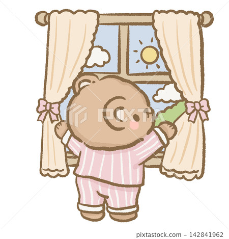 Cute Bear Opening Bedroom Curtains to Bright Morning Sunshine Wearing Pink Striped Pajamas Cozy Daily Routine Clipart Illustration 142841962