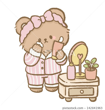 Cute Bedtime Bear Brushing Teeth in Front of Vanity Mirror Wearing Pink Striped Pajamas Kawaii Morning Self Care Routine Clipart Illustration Cute Bedtime Bear Brushing Teeth in Front of Vanity Mirror Wearing Pink Striped Pajamas Kawaii Morning Self Care Routine Clipart Illustration 142841963