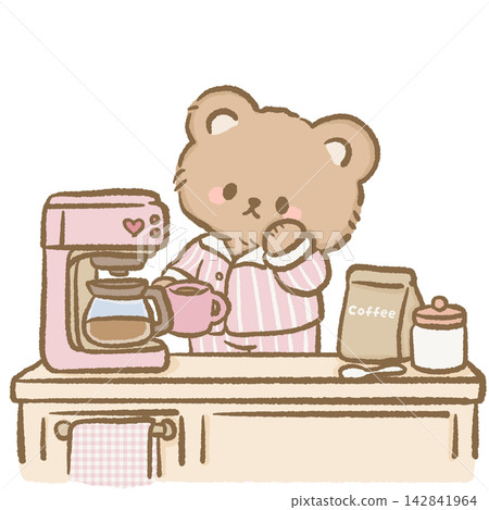 Cute Morning Bear Making Fresh Coffee With Pink Coffee Machine and Mug Wearing Cozy Striped Pajamas Kawaii Breakfast Routine Clipart Illustration Cute Morning Bear Making Fresh Coffee With Pink Coffee Machine and Mug Wearing Cozy Striped Pajamas Kawaii Breakfast Routine Clipart Illustration 142841964